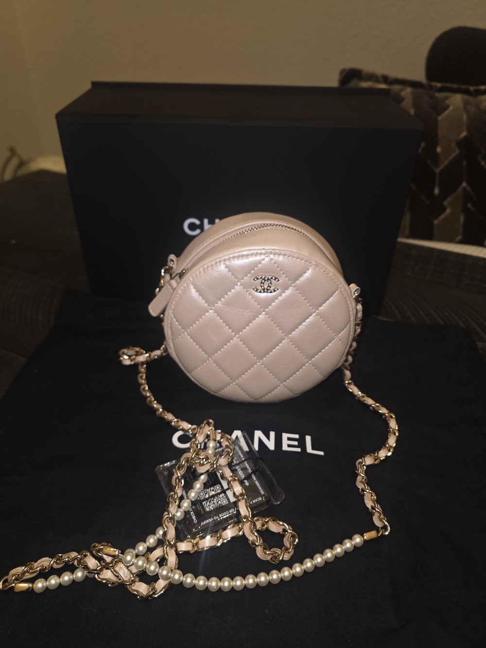 CHANEL Beige Iridescent Calfskin Quilted Round Pearl Chain Crossbody Bag